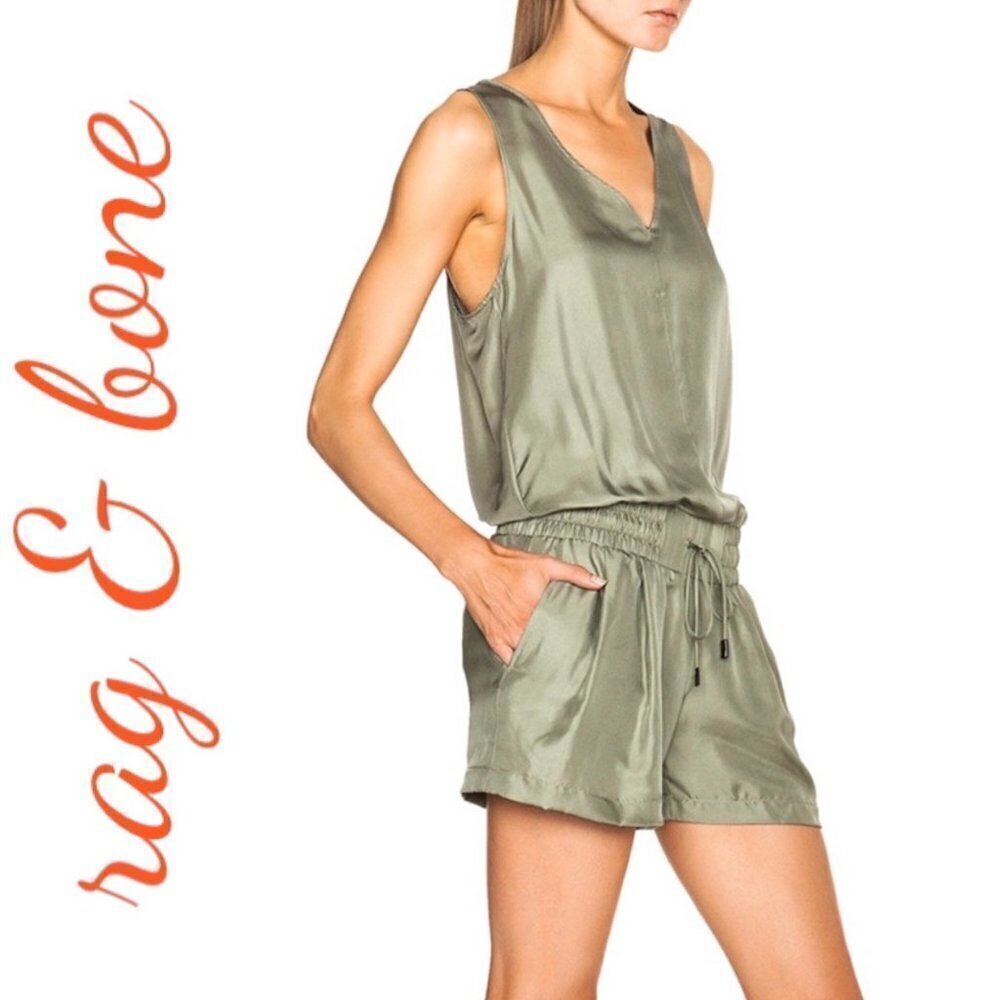 NWT RAG & BONE Vetiver Elsa Moss Green 100% Silk V-Neck Romper, Size 4